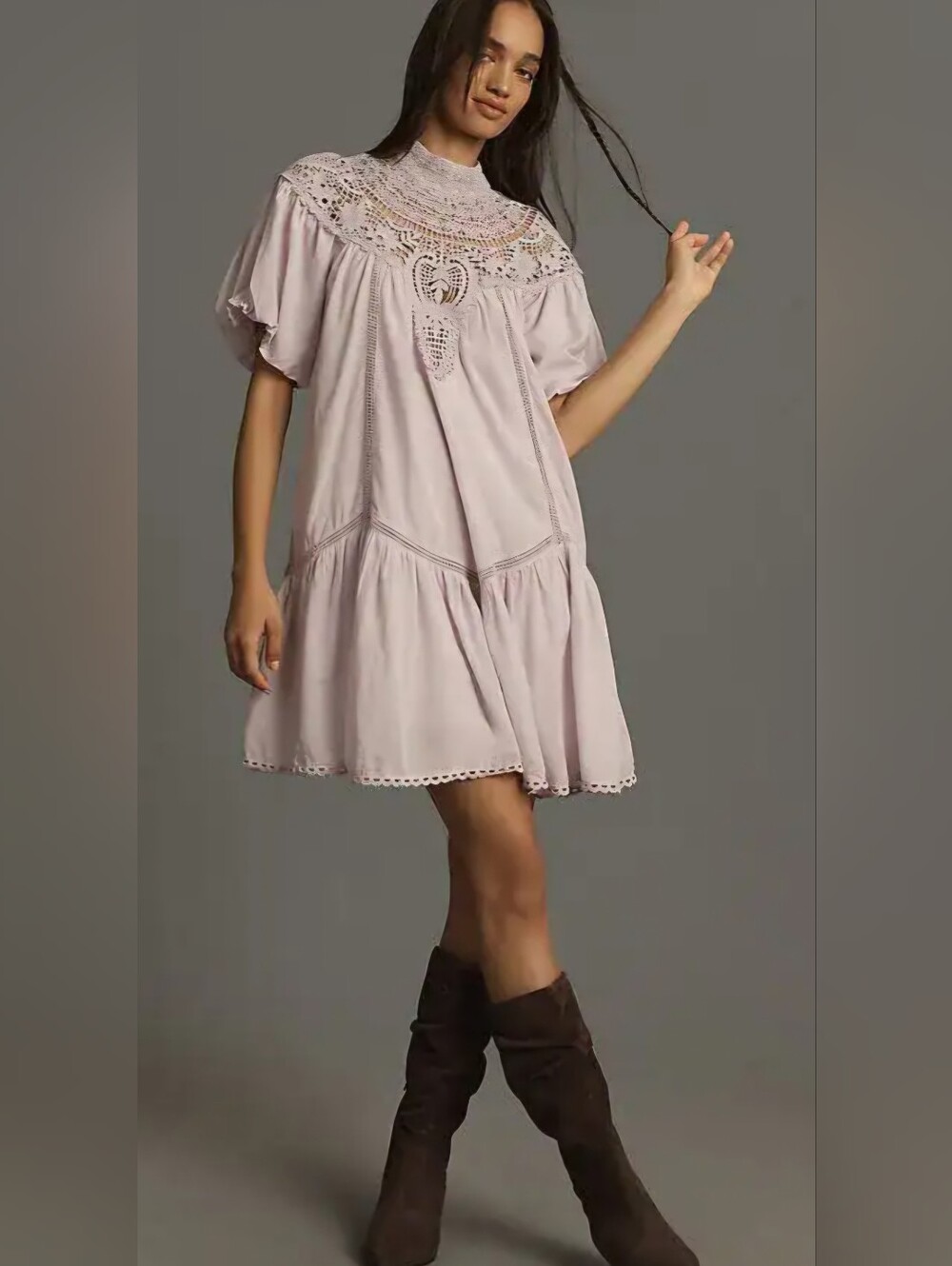 Anthropologie High Neck Lace Mini Dress Lilac Medium New With Tags